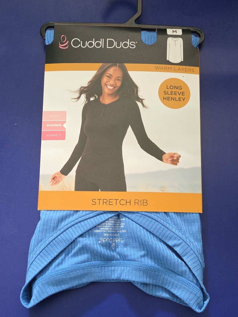 Cuddl Duds Women’s Stretch Rib Long Sleeve Henley - Blue Size M